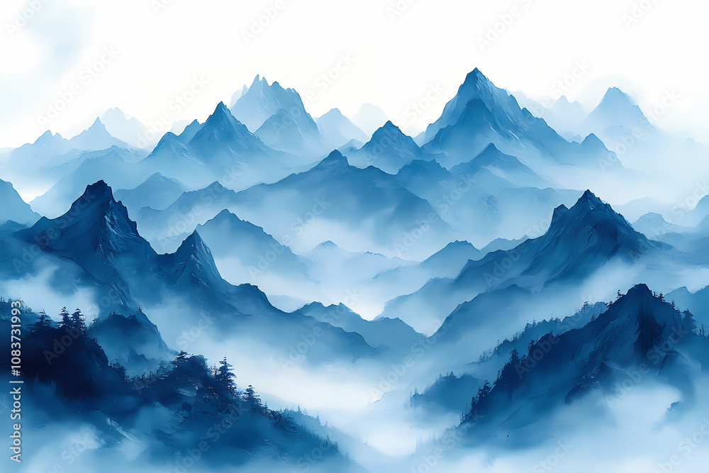 Fototapeta premium Matte Painting gouache in blue and grey colours, painting on white background of mountains in early modern impressionism