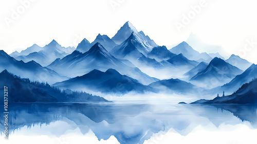 Wallpaper Mural Matte Painting gouache in blue and grey colours, painting on white background of mountains in early modern impressionism Torontodigital.ca