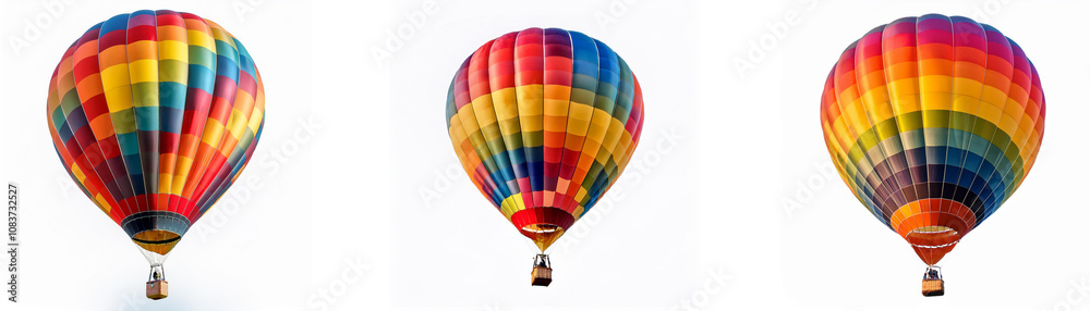 Naklejka premium Three colorful hot air balloons are lined up against a white background.