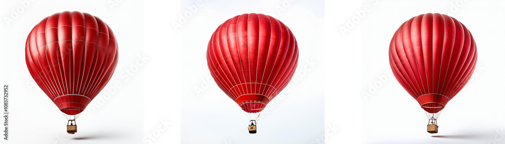 Fototapeta premium Three red hot air balloons with wicker baskets are floating on a white background.