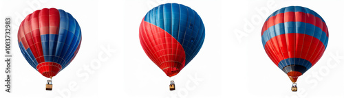 Three red and blue hot air balloons, each with a unique color pattern, are shown against a white background.