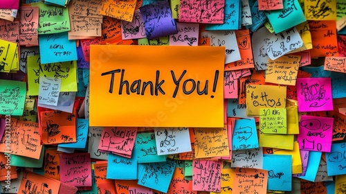 A collection of colorful sticky notes surrounds a central 'Thank You!' message, symbolizing gratitude and collaboration in a lively and creative workspace. photo