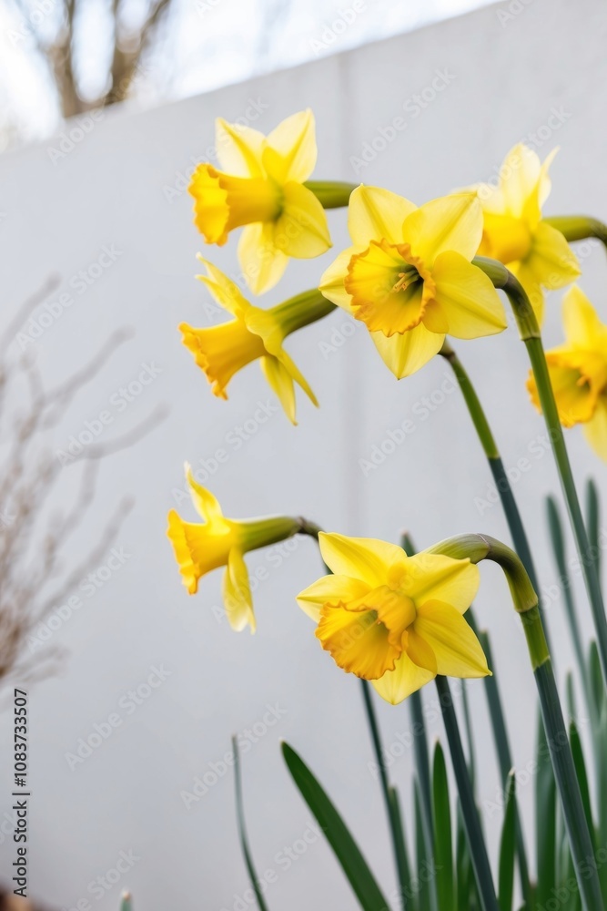 Fototapeta premium Yellow daffodils sway in the wind on a spring day.