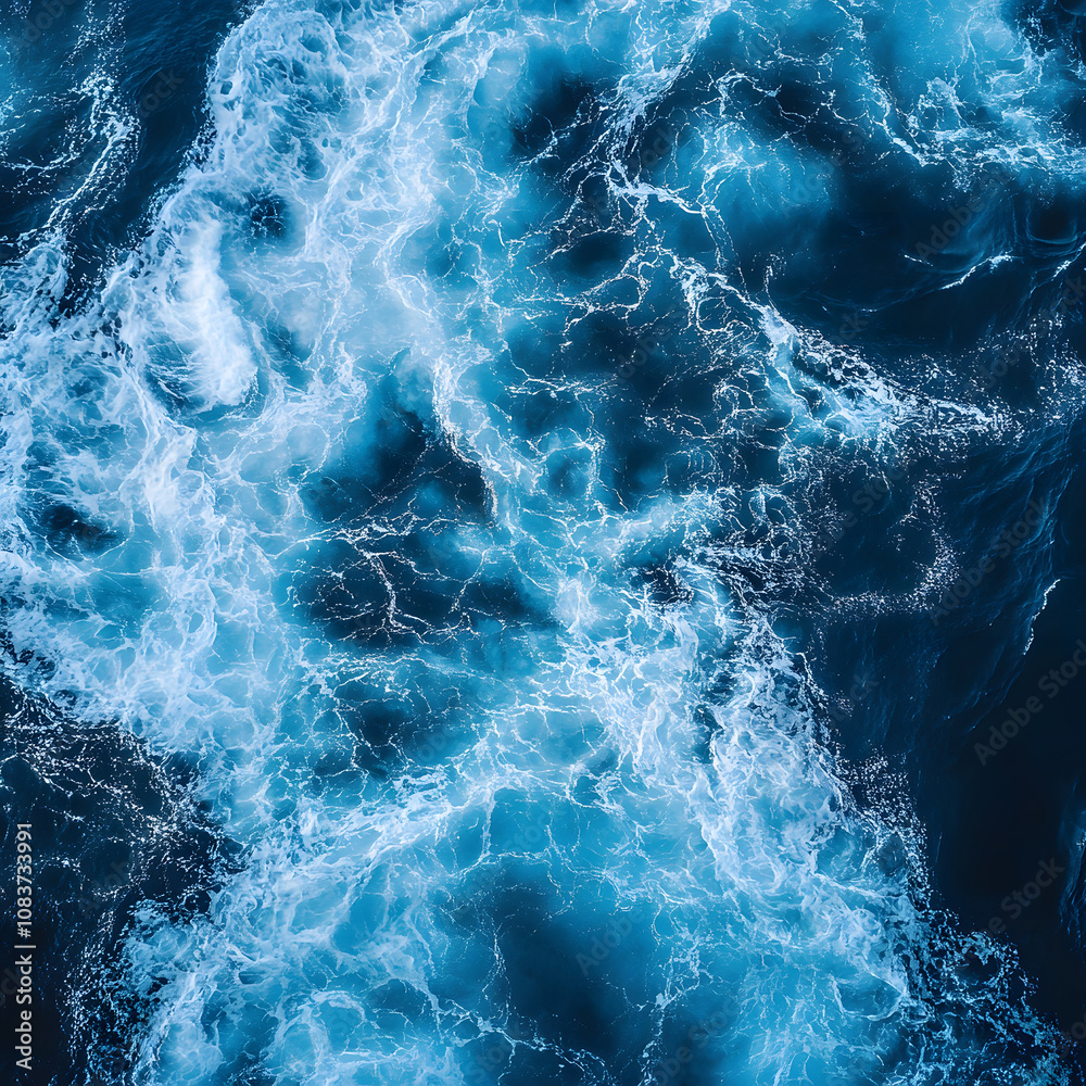 Fototapeta premium A high-angle view of swirling blue ocean waters, showcasing vibrant hues and dynamic patterns created by waves and currents.