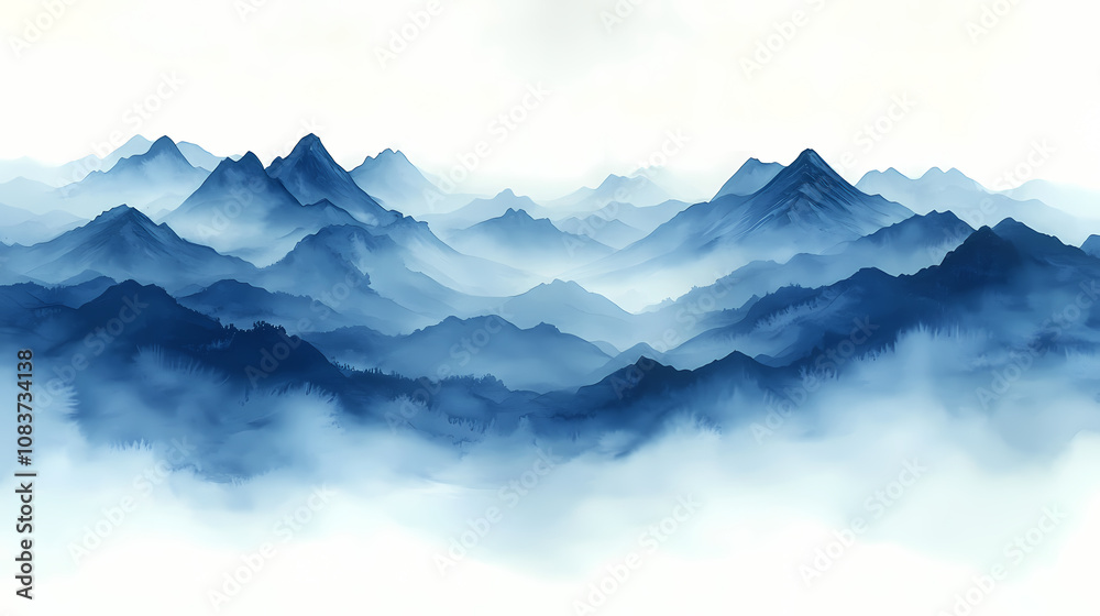 Obraz premium Matte Painting gouache in blue and grey colours, painting on white background of mountains in early modern impressionism
