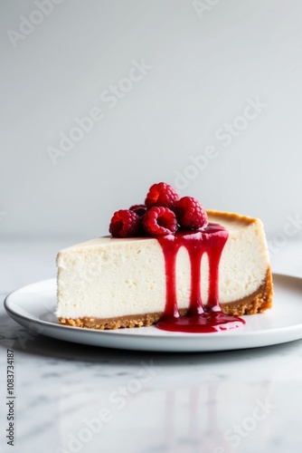 Slice of cheesecake with raspberry sauce on top. photo