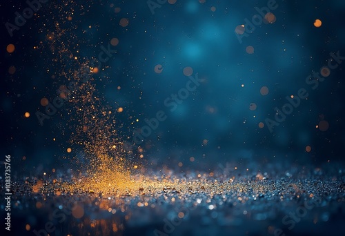 Dark blue and gold particle. Christmas Golden light shine particles bokeh on navy blue background