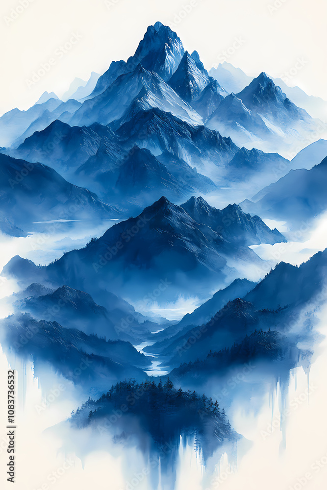Fototapeta premium Matte Painting gouache in blue and grey colours, painting on white background of mountains in early modern impressionism