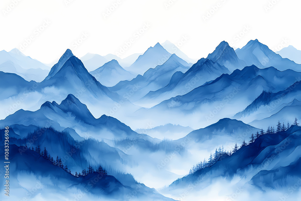 Obraz premium Matte Painting gouache in blue and grey colours, painting on white background of mountains in early modern impressionism