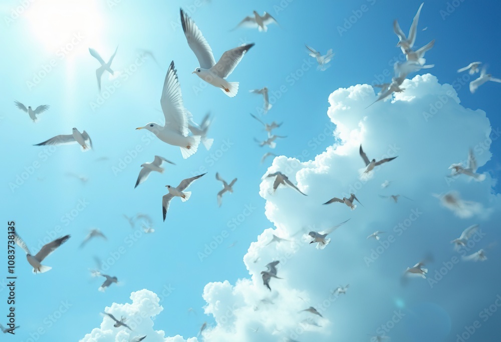 Obraz premium Flock of seagulls flying in a cloudy sky
