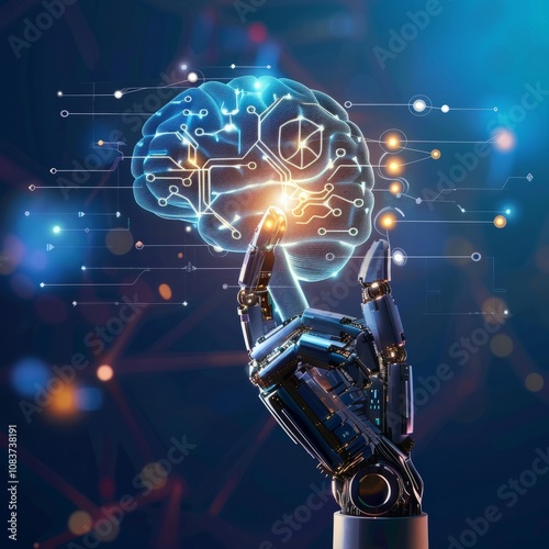 Robotic hand and glowing digital brain
