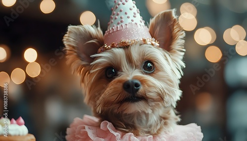 Yorkshire terrier wearing a birthday hat and dress with a small cake photo