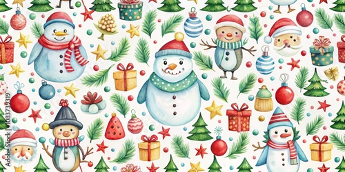 Watercolor Christmas Seamless Pattern with Snowman, Santa, Gifts and Ornaments, christmas ,holiday