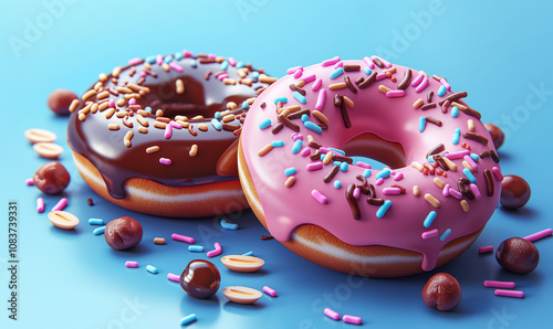 Bright colorful delicious donuts with sprinkles on a blue background. Sweet donuts with powdered sugar and nuts.