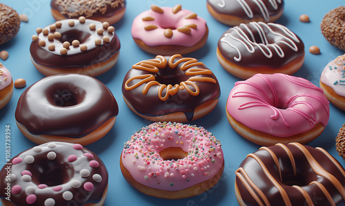 Bright colorful delicious donuts with sprinkles on a blue background. Sweet donuts with powdered sugar and nuts.
