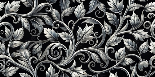 Silver Floral Swirls on Black Background, Seamless Pattern, Elegant Design, Silver Leaf, Ornate Floral , Decorative Pattern photo