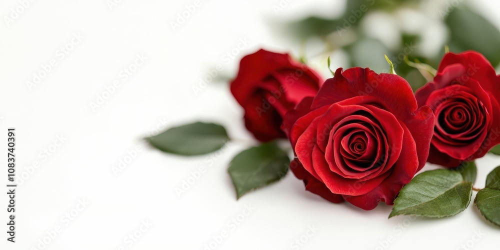 Fototapeta premium Three elegant red roses with lush green leaves on a plain background, evoking beauty and romance.