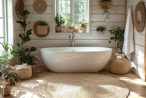 Modern Bathroom with White Tub and Natural Decor photo