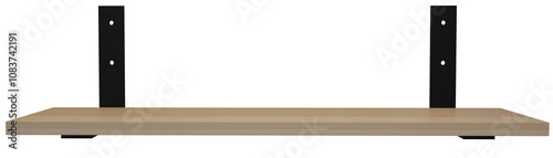 Wooden varnished shelf on metal brackets. Realistic 3D rendering in high resolution without background.