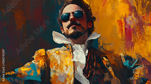 Renaissance-style painting portrait of a count in royal attire wearing sunglasses, generative ai. Renaissance. Illustration photo