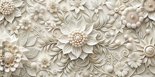 Fototapeta Naklejka Na Ścianę i Meble -  3D Floral Wall Art White Flowers and Leaves, Sculptural Design, Interior Decor, Floral Art, Wall Decor