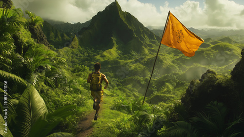 Man Running Up Mountain Trail with Waving Flag