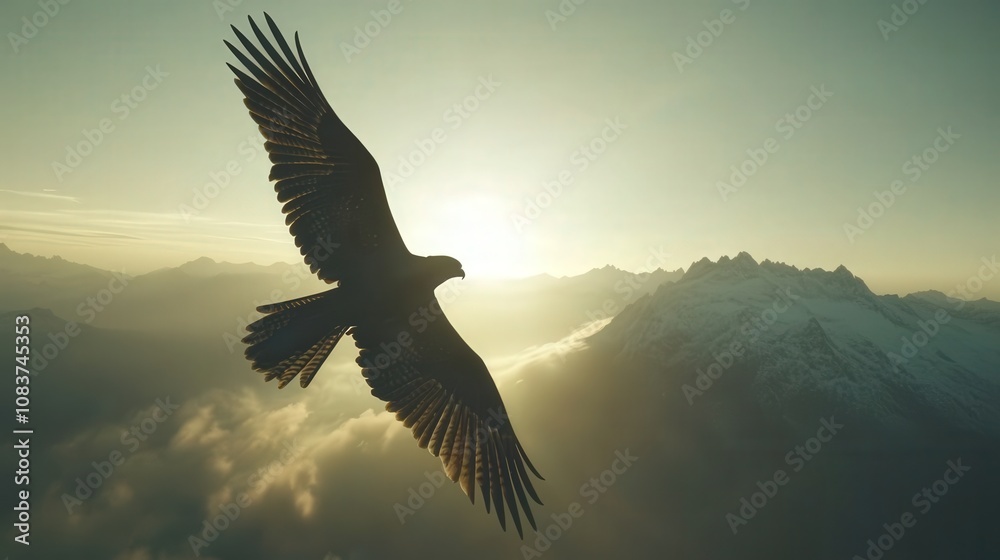Naklejka premium A majestic falcon flying high in the dynamic sky during sun rise.