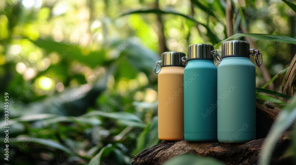 Obraz premium Three Stylish Insulated Water Bottles in Nature Surrounded by Lush Greenery and Tropical Plants with Soft Focus Background