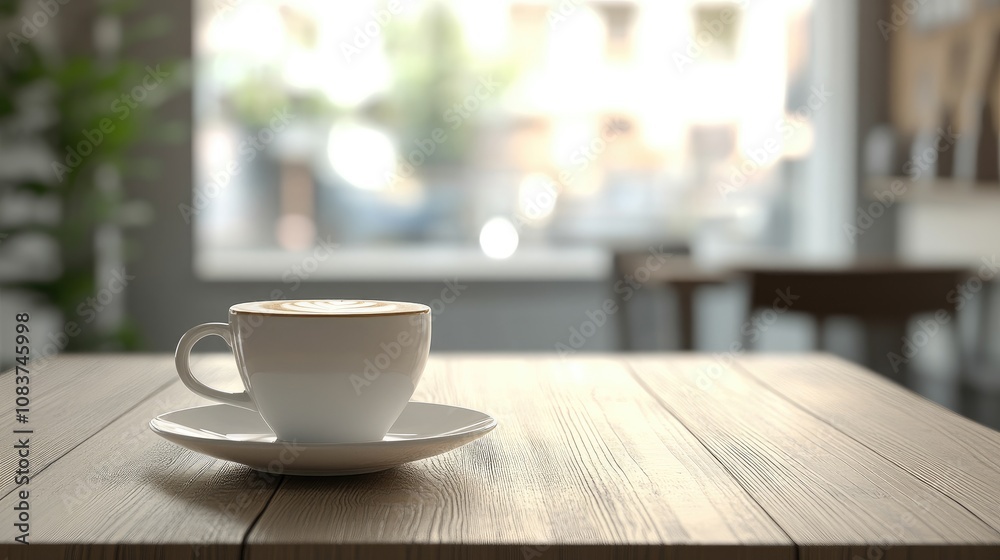 Fototapeta premium A cappuccino on a simple table with a blurred background, perfect for adding text or promotional materials