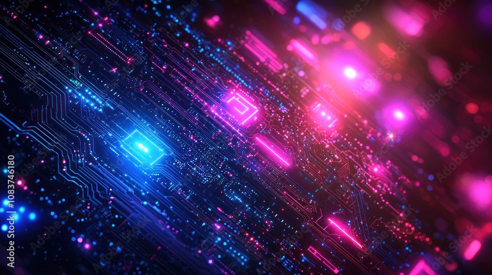 Obraz premium Abstract Circuit Board with Glowing Pink and Blue Lines