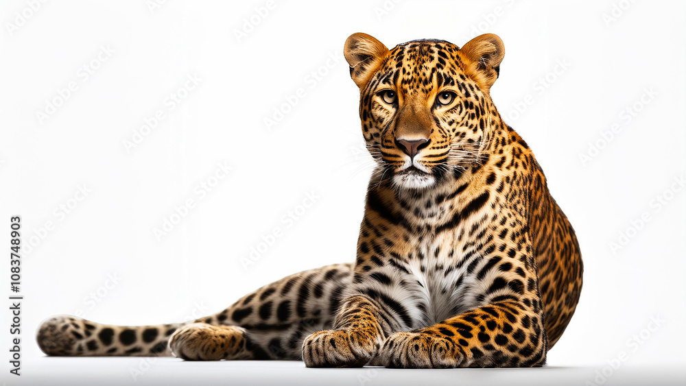 Obraz premium Leopard lies isolated on white background.