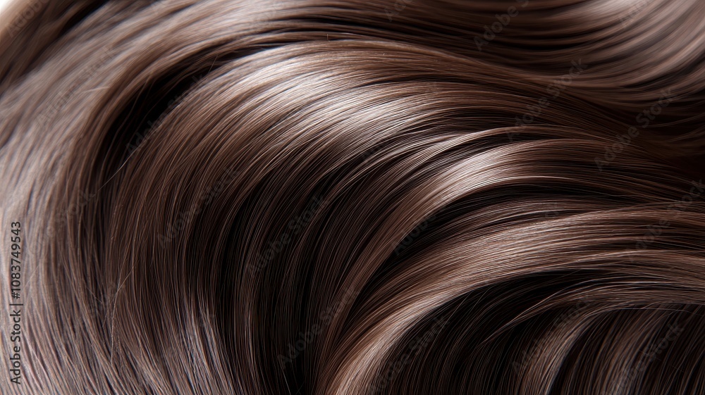 Naklejka premium Beautiful model girl with Brown hair strand,silky healthy chestnut wavy hair strand,hair wavy ribbon, with smooth,Keratin straightening,Treatment,straight long hair,procedures,Smooth hairstyle.