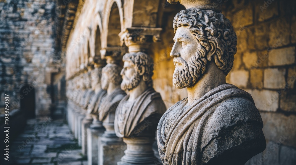 Fototapeta premium Busts of Ancient Philosophers and Heroes Lined on Stone Wall in Historical Location Showcasing Classical Sculpture and Architectural Details Amidst Soft Sunlight