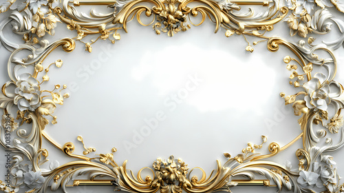 Gold frame with blank png center on a white wall - ornate renaissance baroque rococo style. Renaissance. Illustration photo