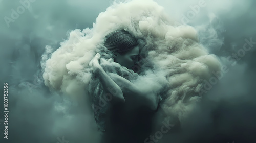 Introspective figure embraced by moody ethereal cloud in magical realism style. Renaissance. Illustration
