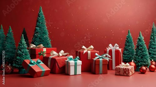 Christmas Day, Christmas celebration concept. Product display with gift boxes and decorate christmas tree on red background.

