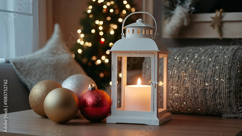 Glowing lantern, Christmas balls and blank frame on table in festive living room

