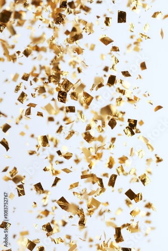 Shiny gold 2025 Happy New Year text with confetti on white background