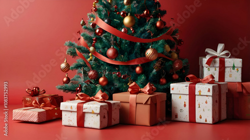 Christmas Day, Christmas celebration concept. Product display with gift boxes and decorate christmas tree on red background.

