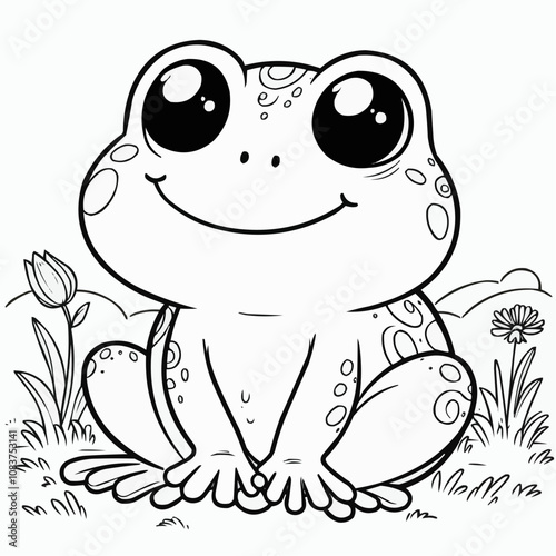 Happy cartoon frog illustration with big eyes sitting among flowers in a black and white design