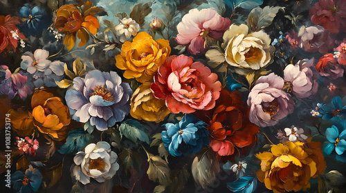 Oil painted colorful flowers; vivid and old styled creating a sense of medieval times. popping out shapes, leaves and beads, stunning aesthetics and perspective. Renaissance. Illustration