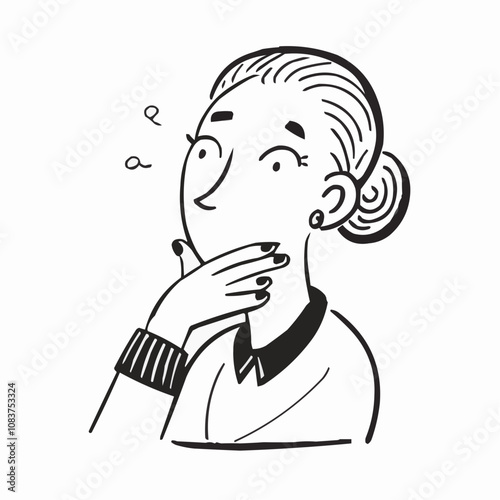 Surprised young woman with a hand on her mouth, expressing astonishment, graphic line art illustration