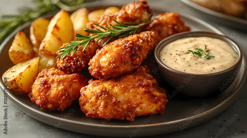 Fototapeta premium In the image, crispy chicken pieces and thick, seasoned potato wedges are arranged around a bowl of creamy, rosemary-infused dipping sauce.