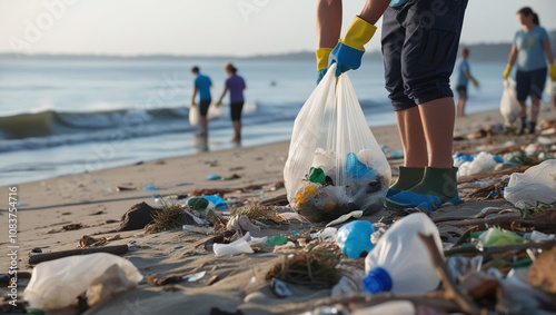 Collecting Plastic Trash at the Beach, Community Volunteering, Environment and Ecology, Pollution of Nature photo