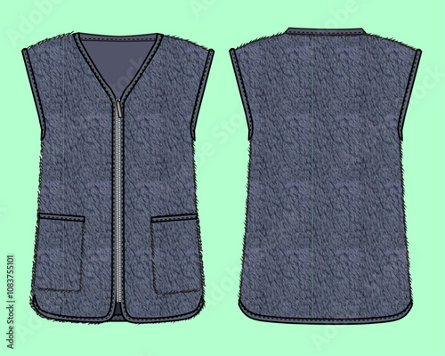 Ladies Borg fleece zip up gilet flat sketch template.