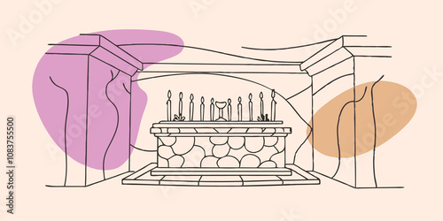 Deserted Temple An aged temple with crumbling stone walls in the center a large stone altar is illuminated by numerous candles. The runes on the altar glow warmly hinting at the