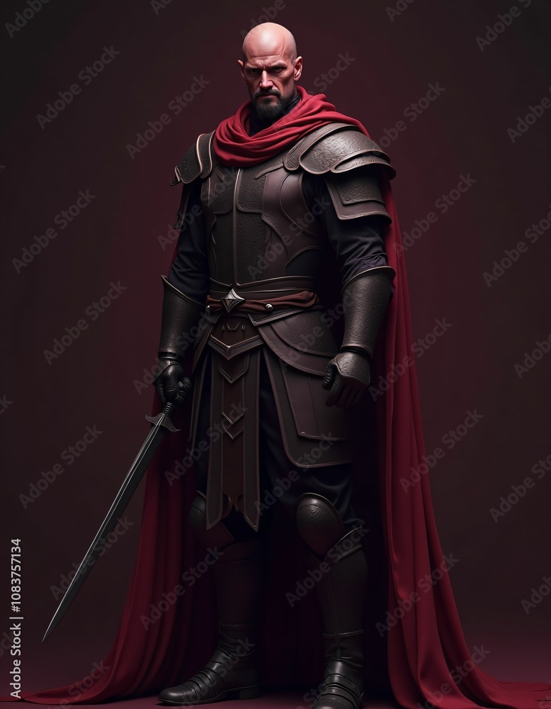 Fototapeta premium a fantasy and fictional medieval warrior with very smooth body lines and a very smooth face, dark colors, red, purple, realistic, detailed