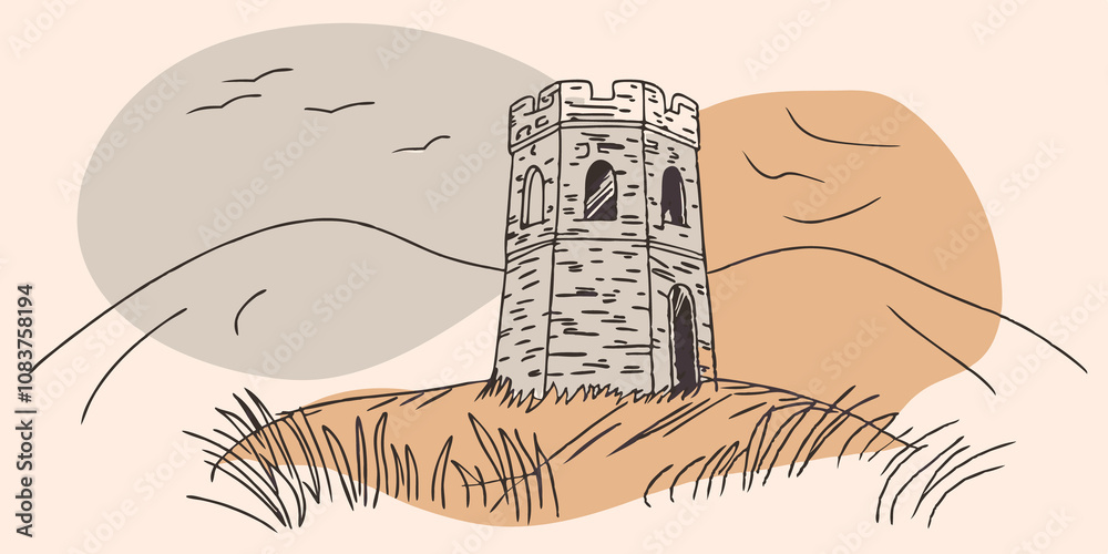 Obraz premium Mountain View Sanctuary Remnants of an ancient tower perched on a ridge overlooking distant mountains. The walls are worn but majestic and a carpet of soft grass provides a