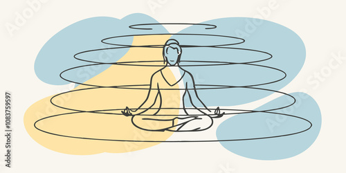 Serene Silhouette A calm figure sitting crosslegged in meditation at the center of a series of glowing concentric circles. Each ring radiates a soft vibrant hue creating a tranquil