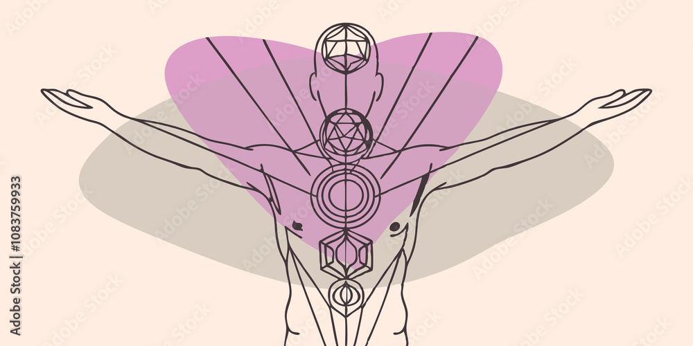 Obraz premium Spiritual Alignment A reflective figure stands with arms raised wearing the glowing pendant that features a series of concentric geometric shapes. The light emanating from the